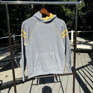 Vintage 70s Russell Athletic Hoodie Sweatshirt Size M Gray Yellow Blank Striped